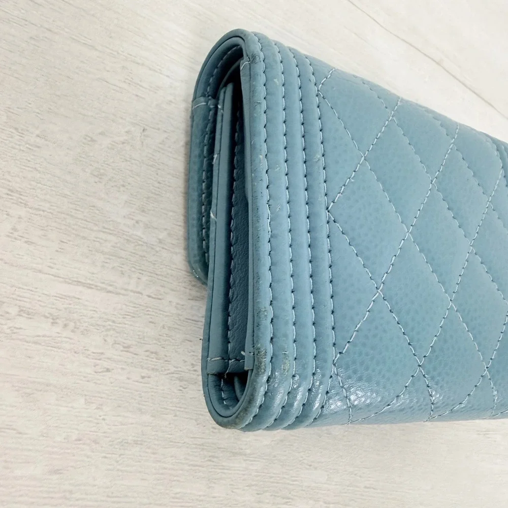 Chanel Boy Flap Wallet Light Blue Caviar Leather Gold Hardware Quilted Authentic
